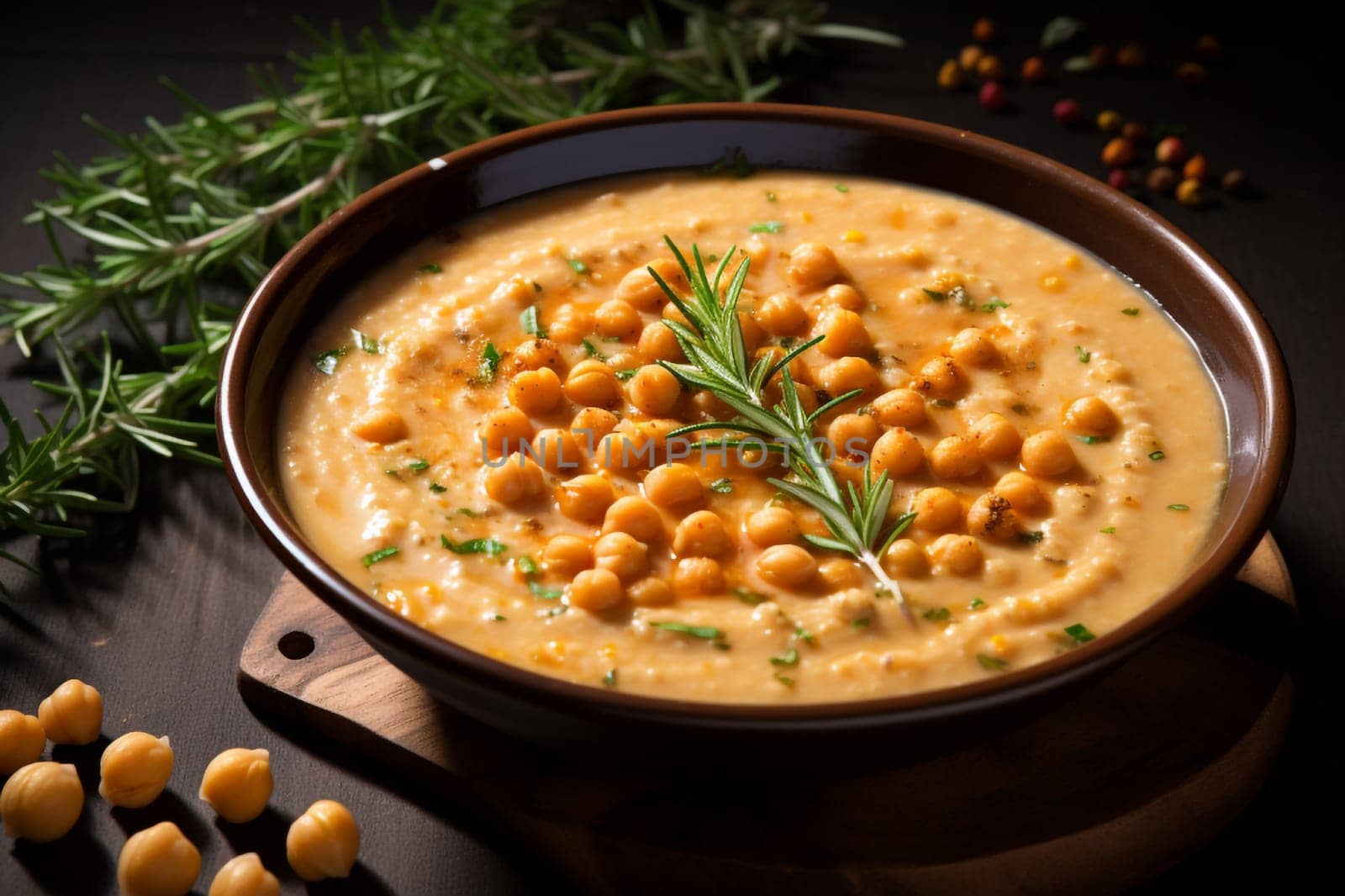 Chickpea soup, traditional Italian winter dish, in Umbria. A warm and nourishing soup made with chickpeas and flavors such as rosemary and garlic. on a white plate in a elegant restaurant decorated for Christmas time. Healthy vegetarian food