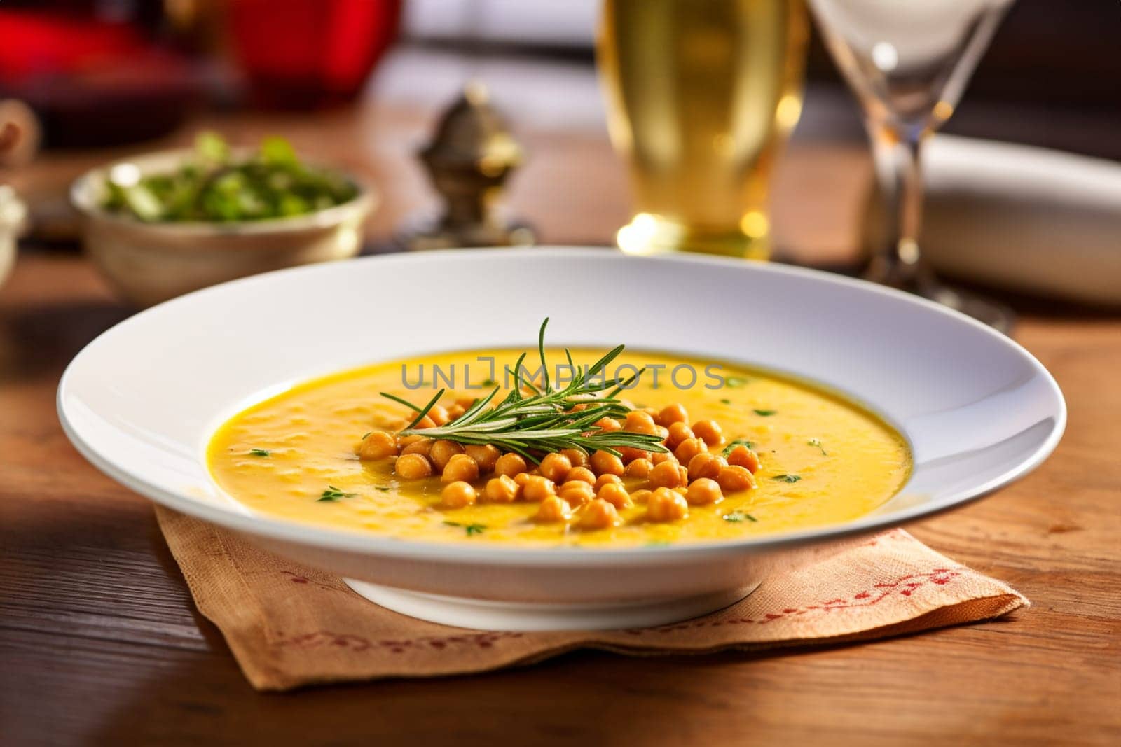 Chickpea soup, traditional Italian winter dish, in Umbria. A warm and nourishing soup made with chickpeas and flavors such as rosemary and garlic. on a white plate in a elegant restaurant decorated for Christmas time. Healthy vegetarian food