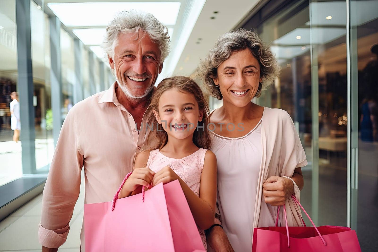 An adult happy man with his family walks around the store with purchases. High quality photo