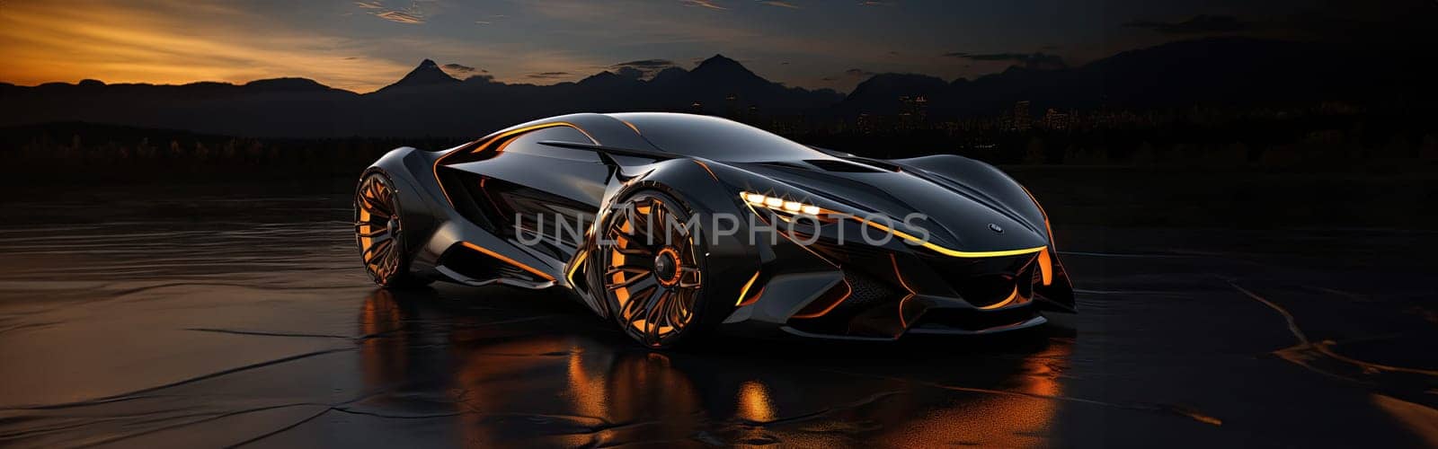 Futuristic Sports Car On Neon Highway. Powerful acceleration of a supercar on a night track with colorful lights and trails. AI Generative