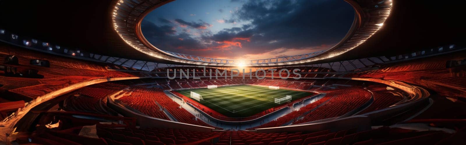 High Angle Establishing Shot: Stadium with Soccer Championship Match. Teams Play, Crowds of Fans Cheer. Football Cup Tournament. Sport Channel Concept, Screen Content. Wide Shot. AI Generative