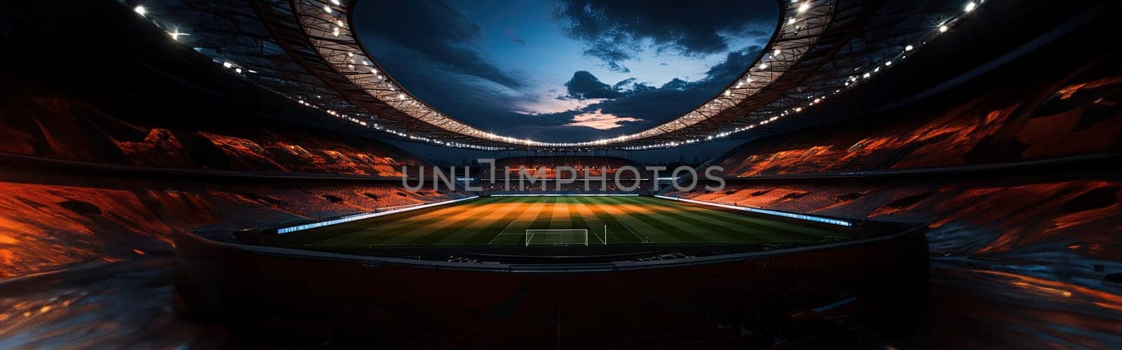 High Angle Establishing Shot: Stadium with Soccer Championship Match. Teams Play, Crowds of Fans Cheer. Football Cup Tournament. Sport Channel Concept, Screen Content. Wide Shot. AI Generative