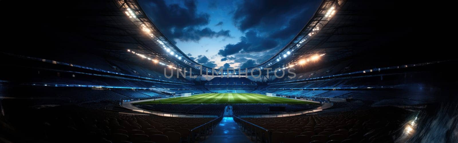 High Angle Establishing Shot: Stadium with Soccer Championship Match. Teams Play, Crowds of Fans Cheer. Football Cup Tournament. Sport Channel Concept, Screen Content. Wide Shot. AI Generative