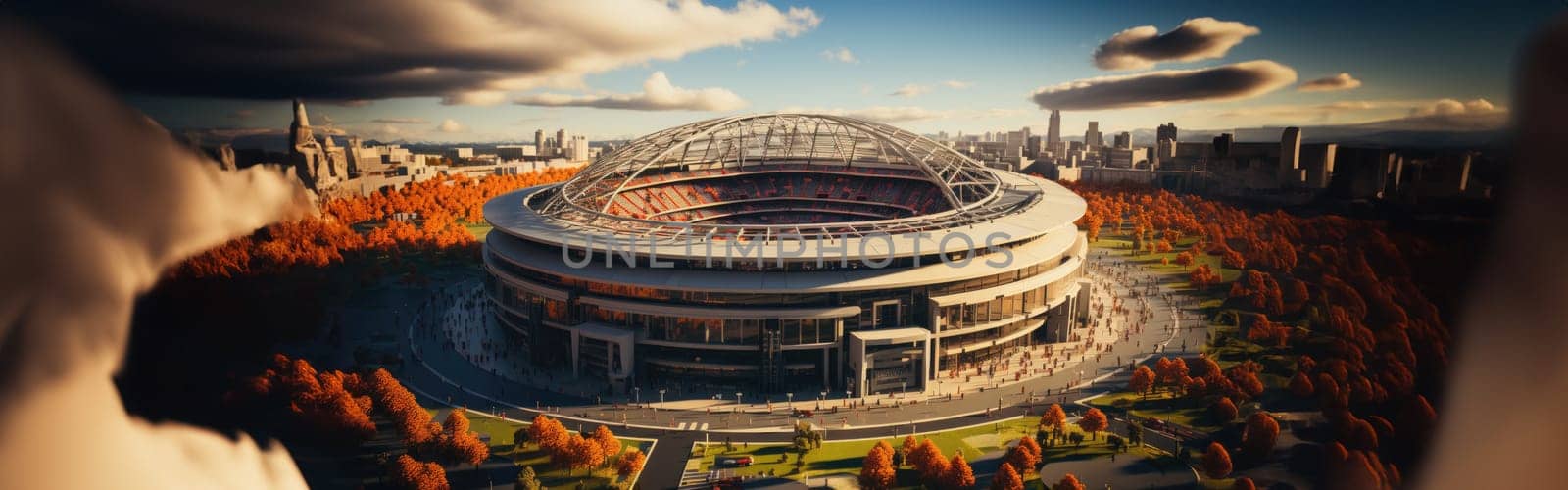 High Angle Establishing Shot: Stadium with Soccer Championship Match. Teams Play, Crowds of Fans Cheer. Football Cup Tournament. Sport Channel Concept, Screen Content. Wide Shot. AI Generative