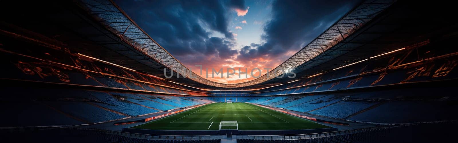 High Angle Establishing Shot: Stadium with Soccer Championship Match. Teams Play, Crowds of Fans Cheer. Football Cup Tournament. Sport Channel Concept, Screen Content. Wide Shot. AI Generative