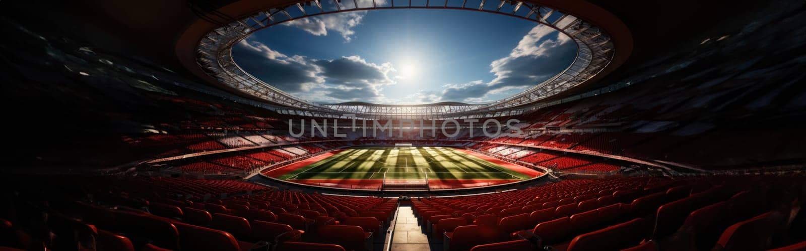 High Angle Establishing Shot: Stadium with Soccer Championship Match. Teams Play, Crowds of Fans Cheer. Football Cup Tournament. Sport Channel Concept, Screen Content. Wide Shot. AI Generative