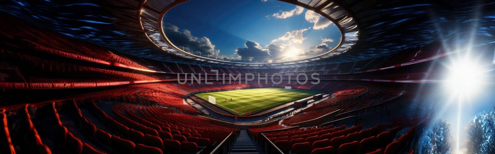 High Angle Establishing Shot: Stadium with Soccer Championship Match. Teams Play, Crowds of Fans Cheer. Football Cup Tournament. Sport Channel Concept, Screen Content. Wide Shot. AI Generative