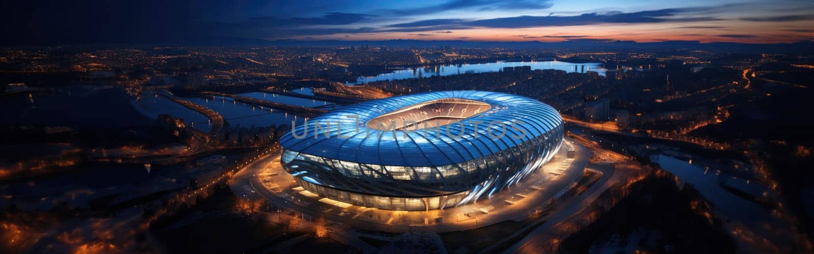 High Angle Establishing Shot: Stadium with Soccer Championship Match. Teams Play, Crowds of Fans Cheer. Football Cup Tournament. Sport Channel Concept, Screen Content. Wide Shot. AI Generative