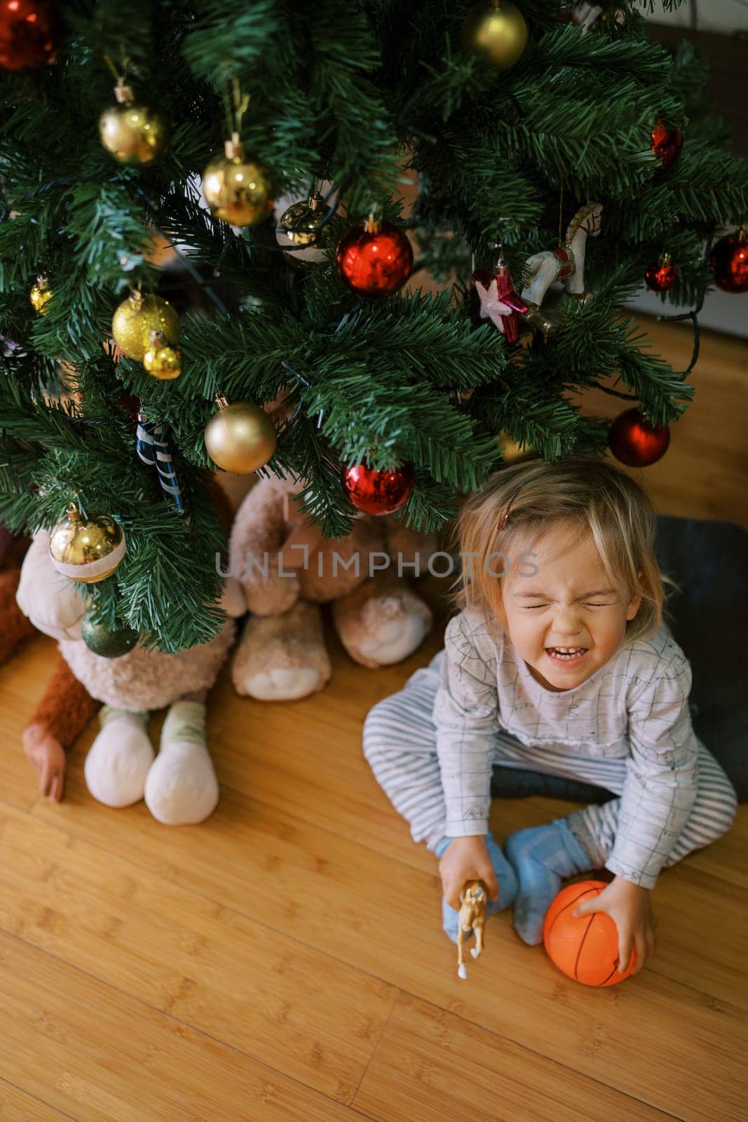 Small squinting girl with a ball in her hands sits on the floor near the Christmas tree. Top view. High quality photo