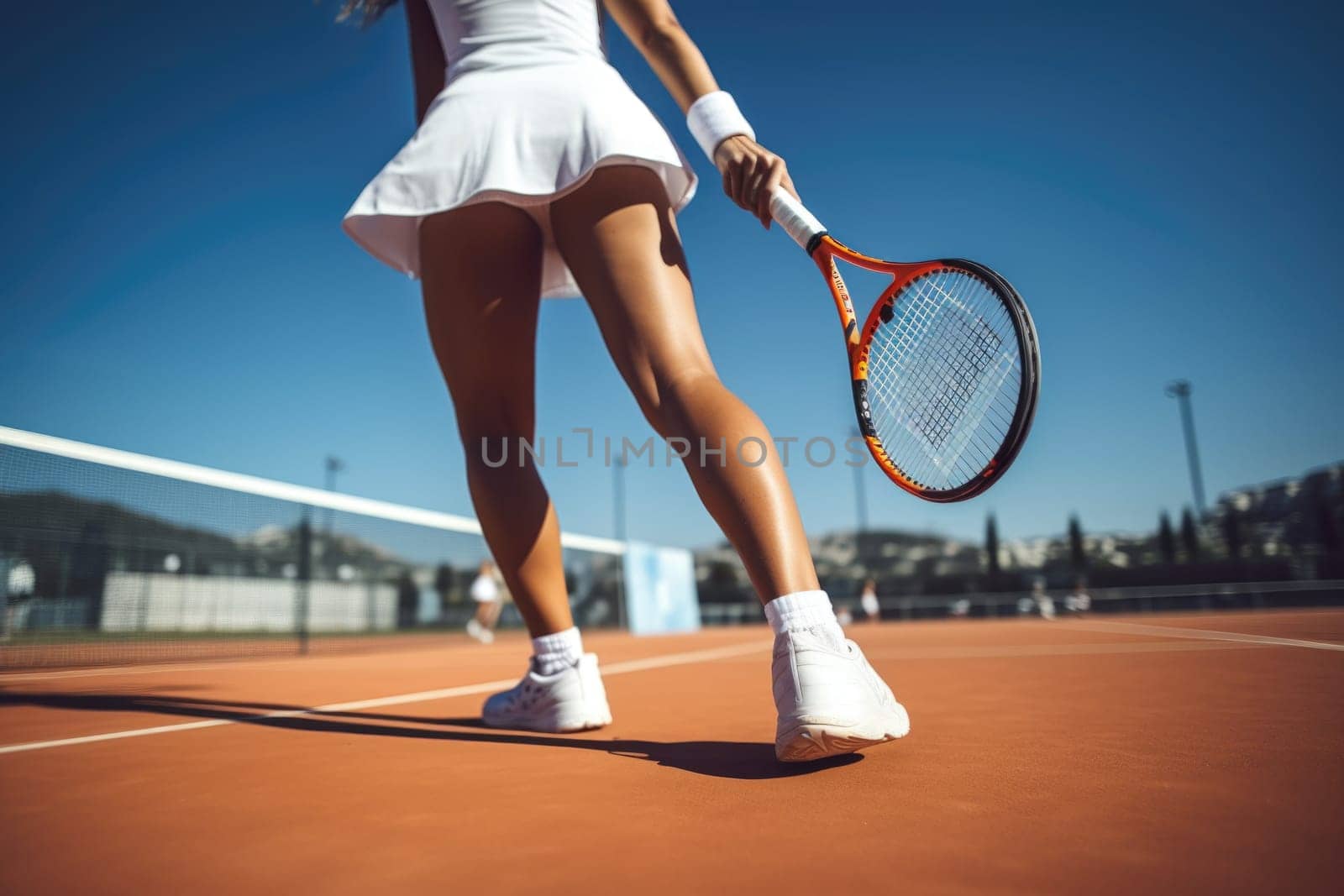 Active woman playing tennis, legs and feet back view . AI Generated . High quality illustration