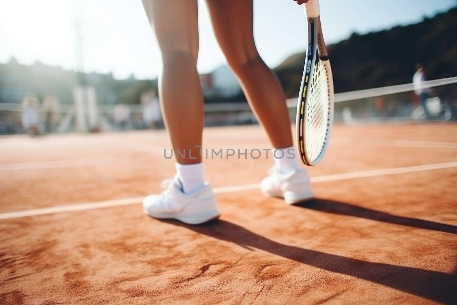 Active woman playing tennis, legs and feet back view . AI Generated . High quality illustration