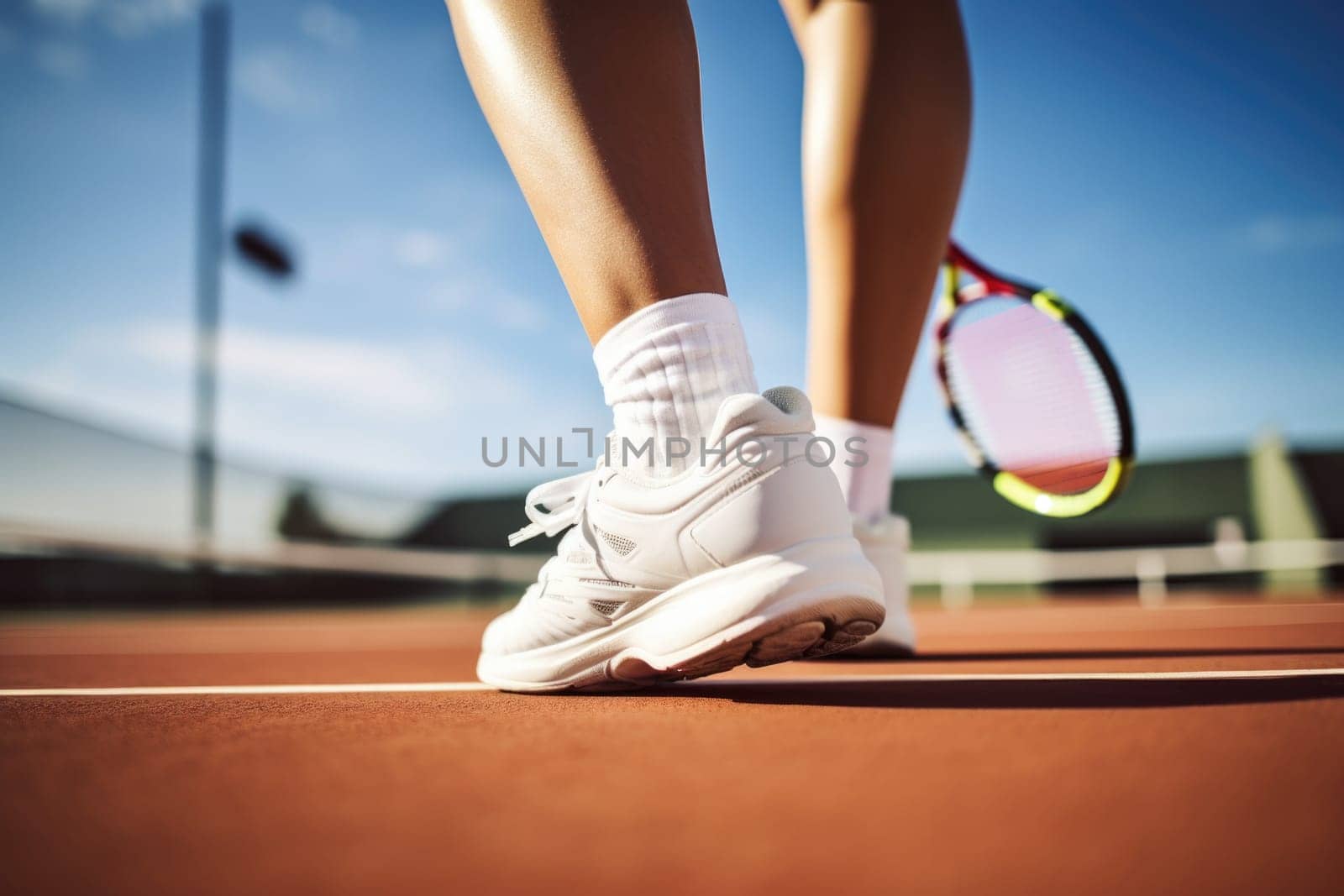 Active woman playing tennis, legs and feet back view . AI Generated . High quality illustration