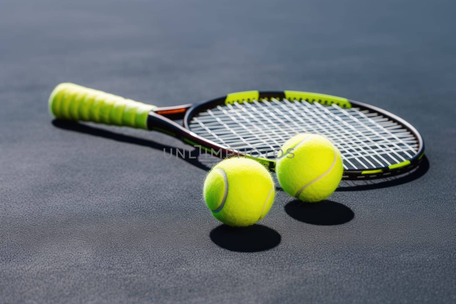Tennis balls and rockets on tennis court. AI Generated . High quality illustration