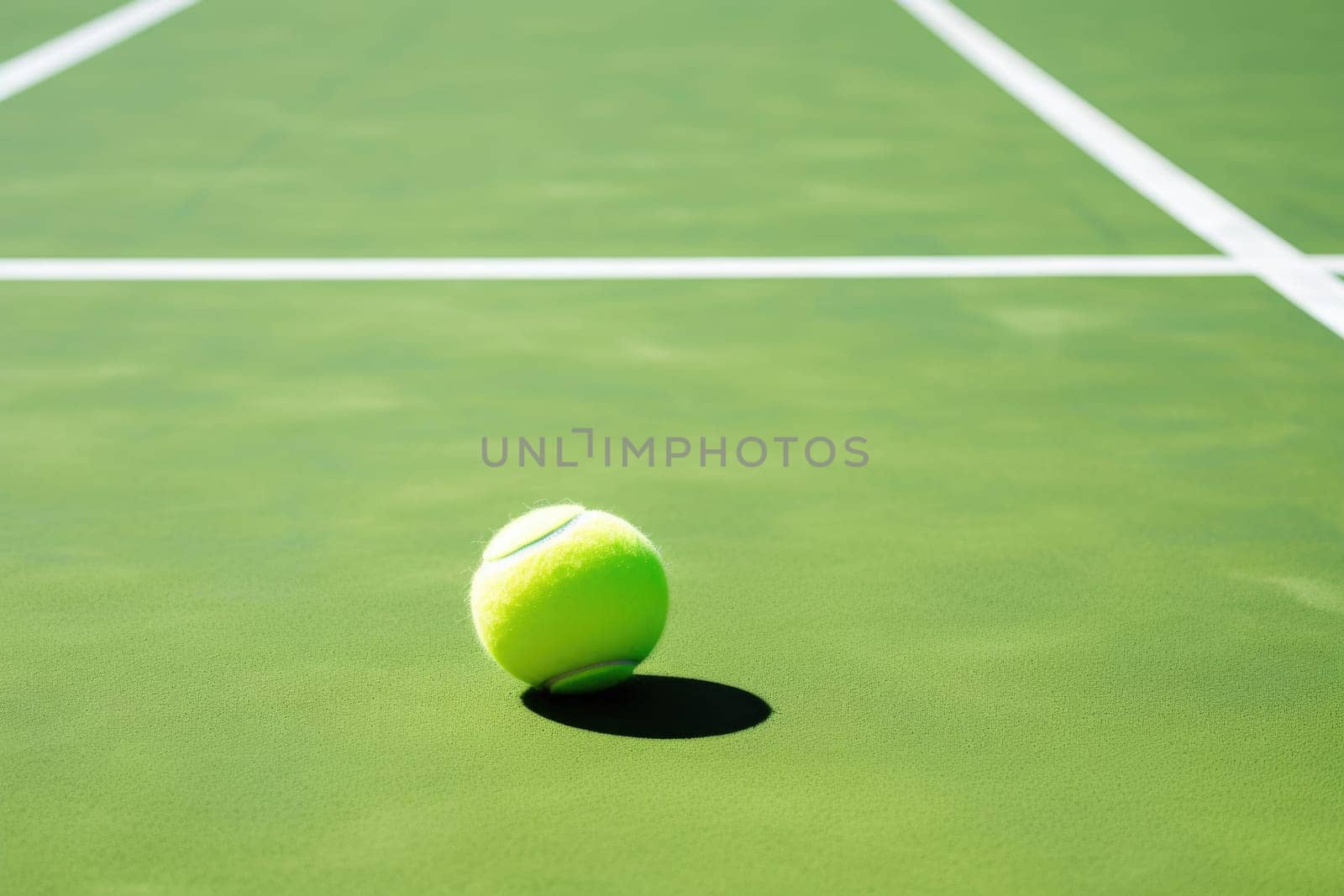 Closeup of yellow tennis ball on court floor. AI Generated