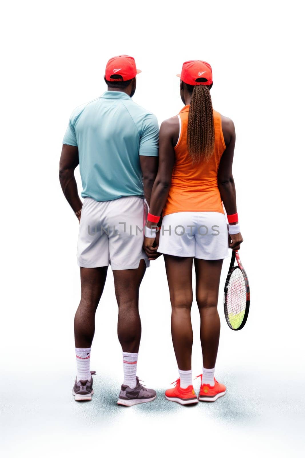 Back view of two tennis players holding rocket on white background. AI Generated. High quality illustration