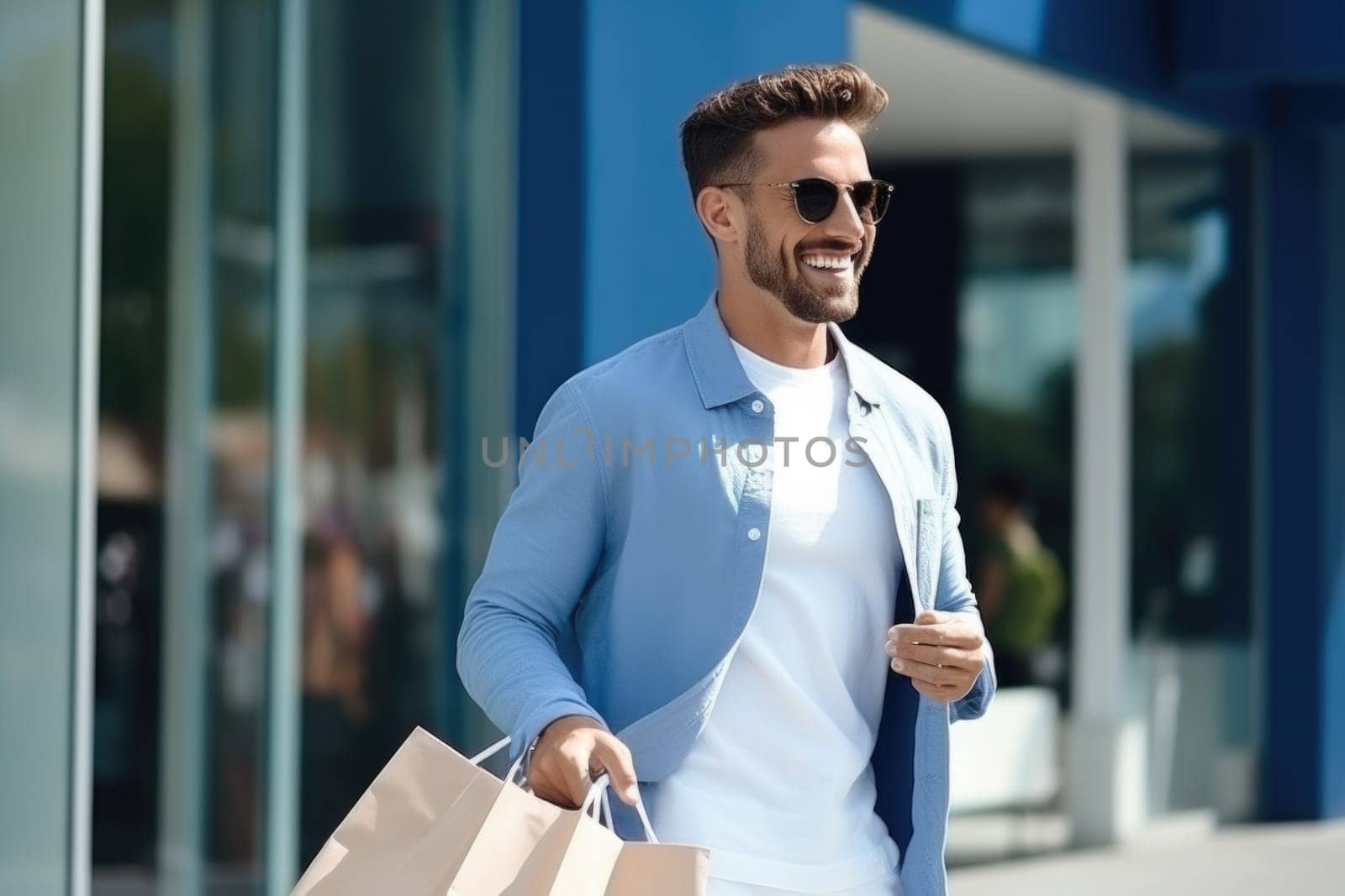 Happy man with shopping bags. AI Generated. High quality illustration
