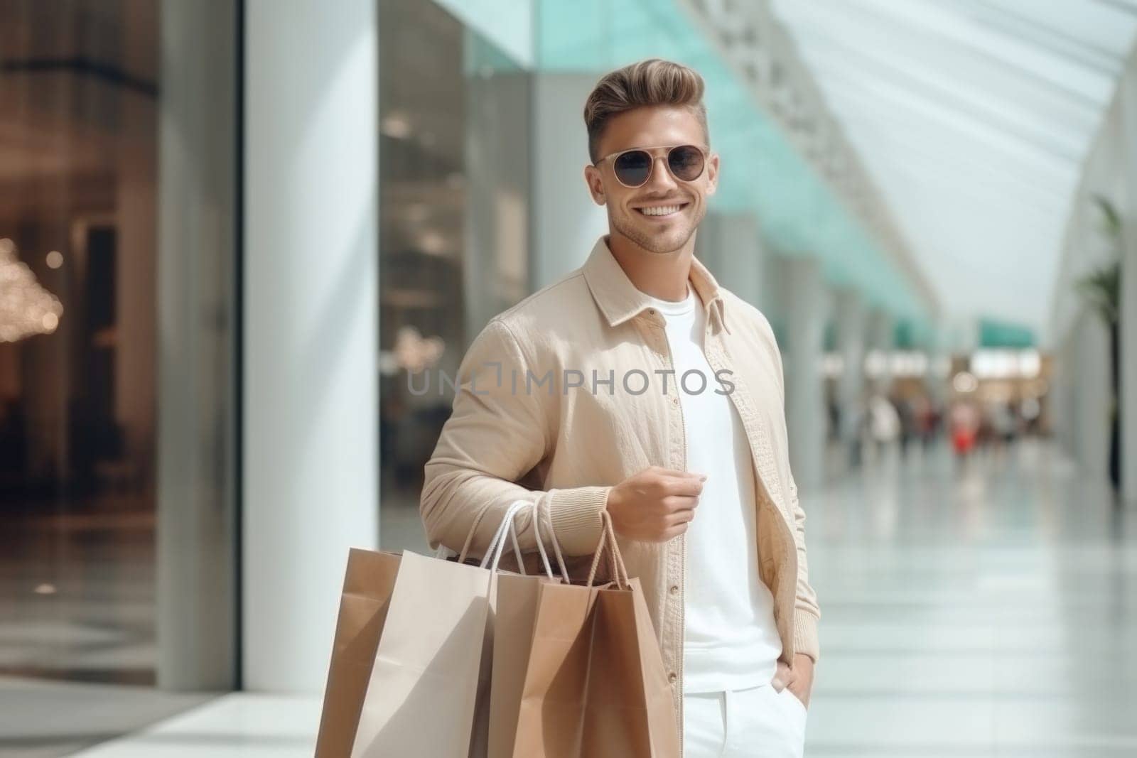 Happy man with shopping bags. AI Generated. High quality illustration