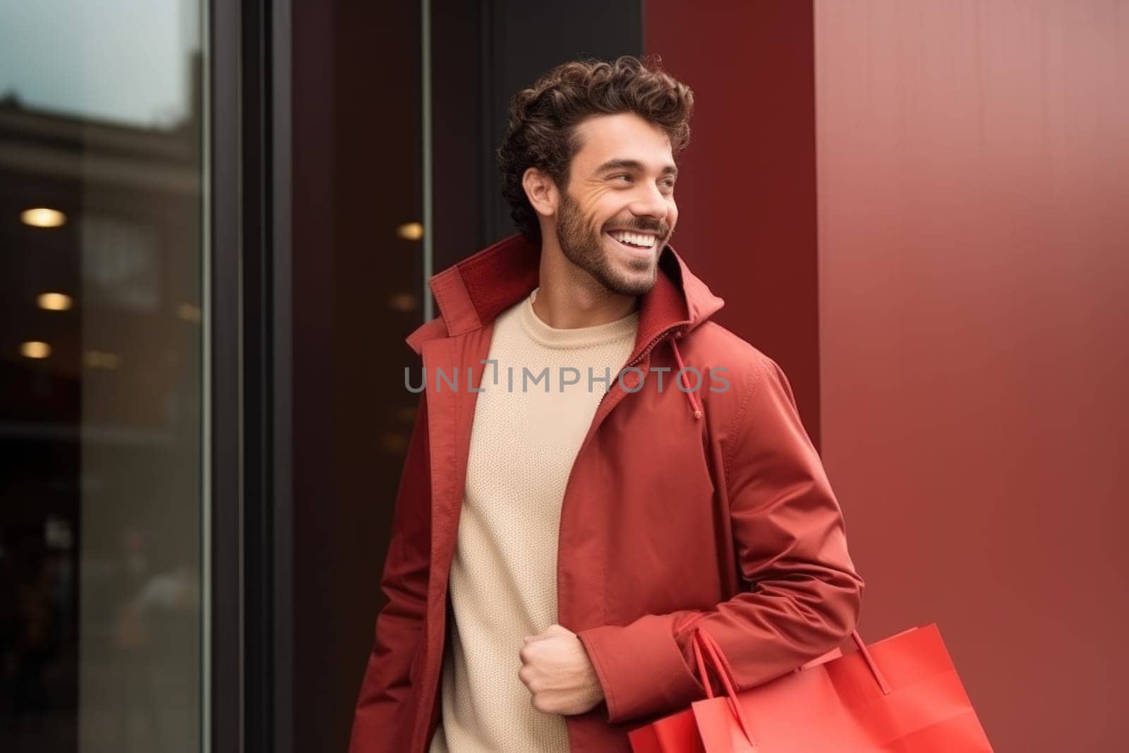 Happy man with shopping bags. AI Generated. High quality illustration