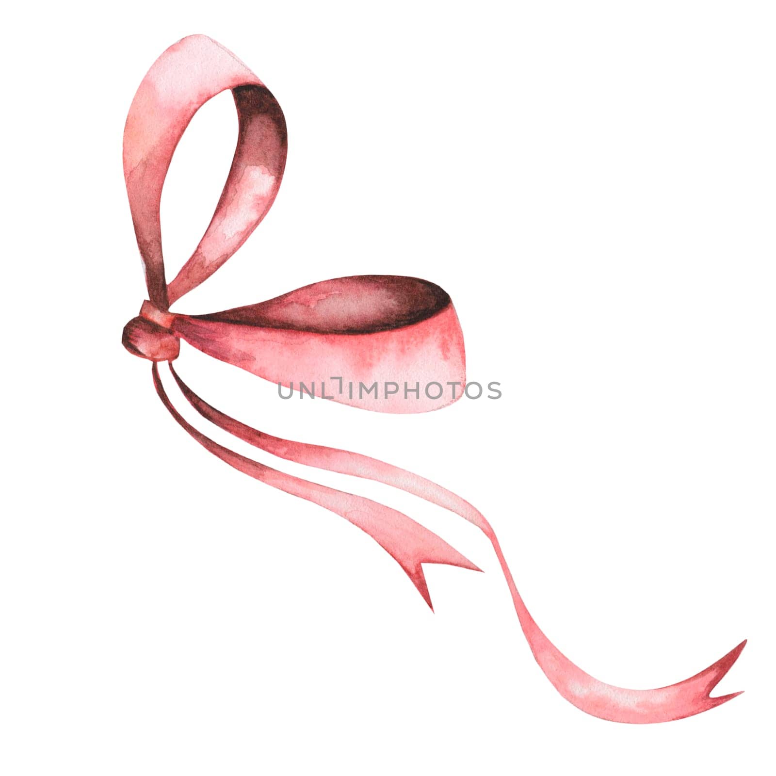 Pink watercolor elegant bow. Knotted thin ribbon in vintage style. For designing cards and invitations for weddings and Valentine's Day. High quality photo