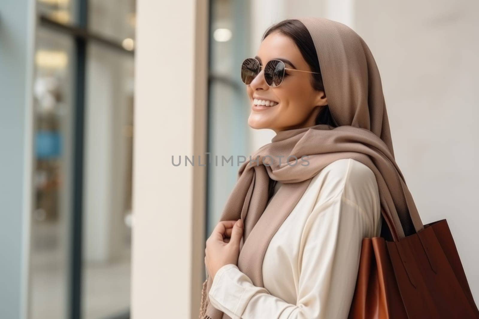 Beautiful fashion woman with shopping bags outdoors. AI Generated . High quality illustration