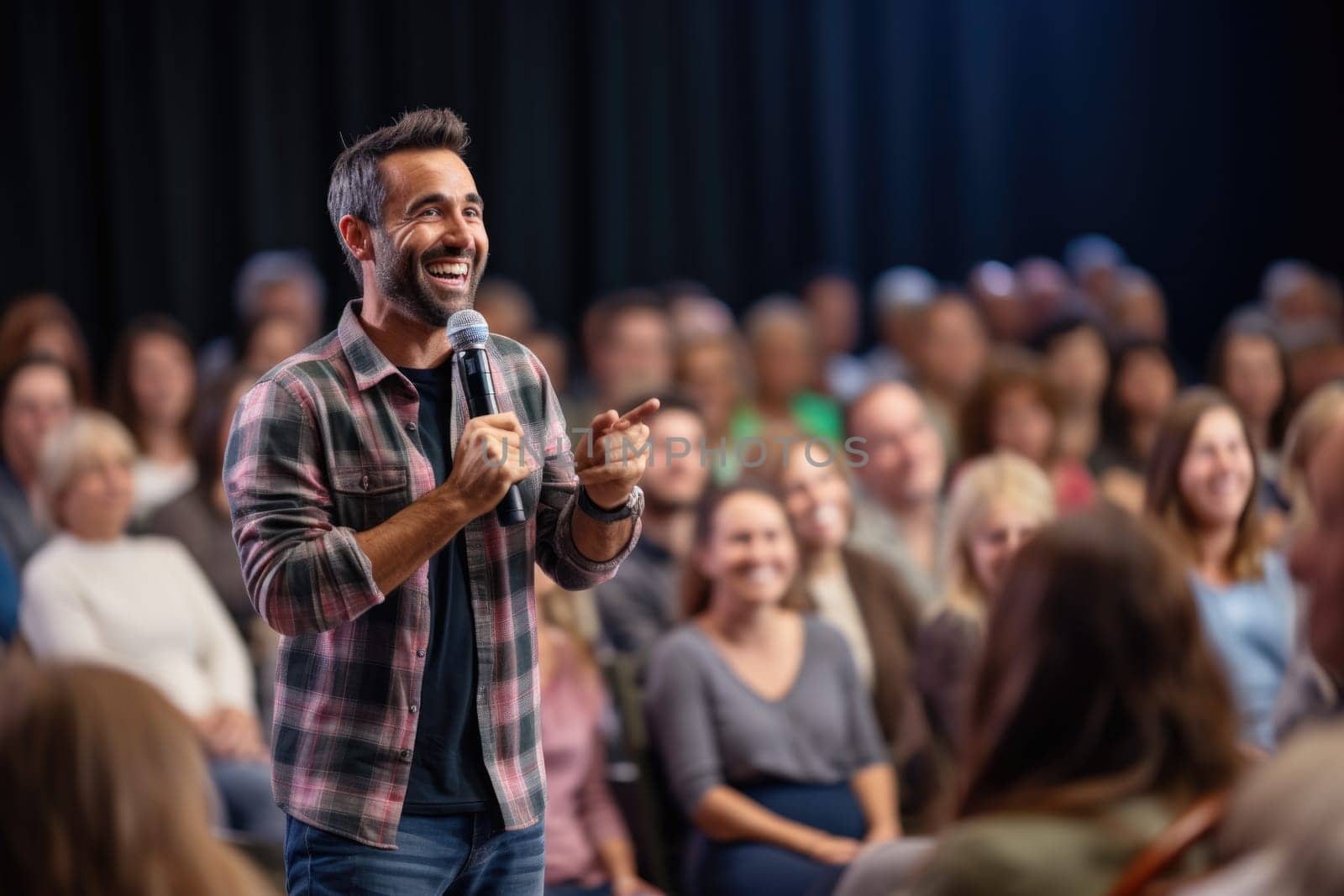 Confident businessman having a talk on corporate business with audience. AI Generated. High quality illustration