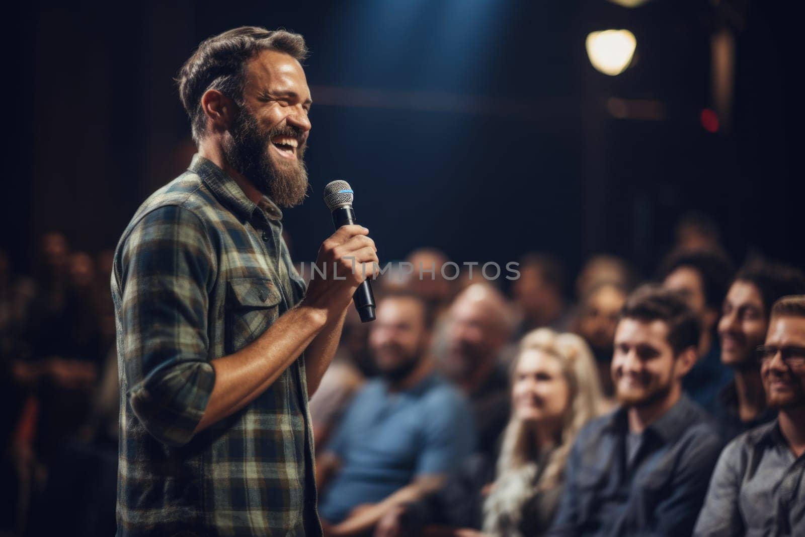 Confident businessman having a talk on corporate business with audience. AI Generated. High quality illustration