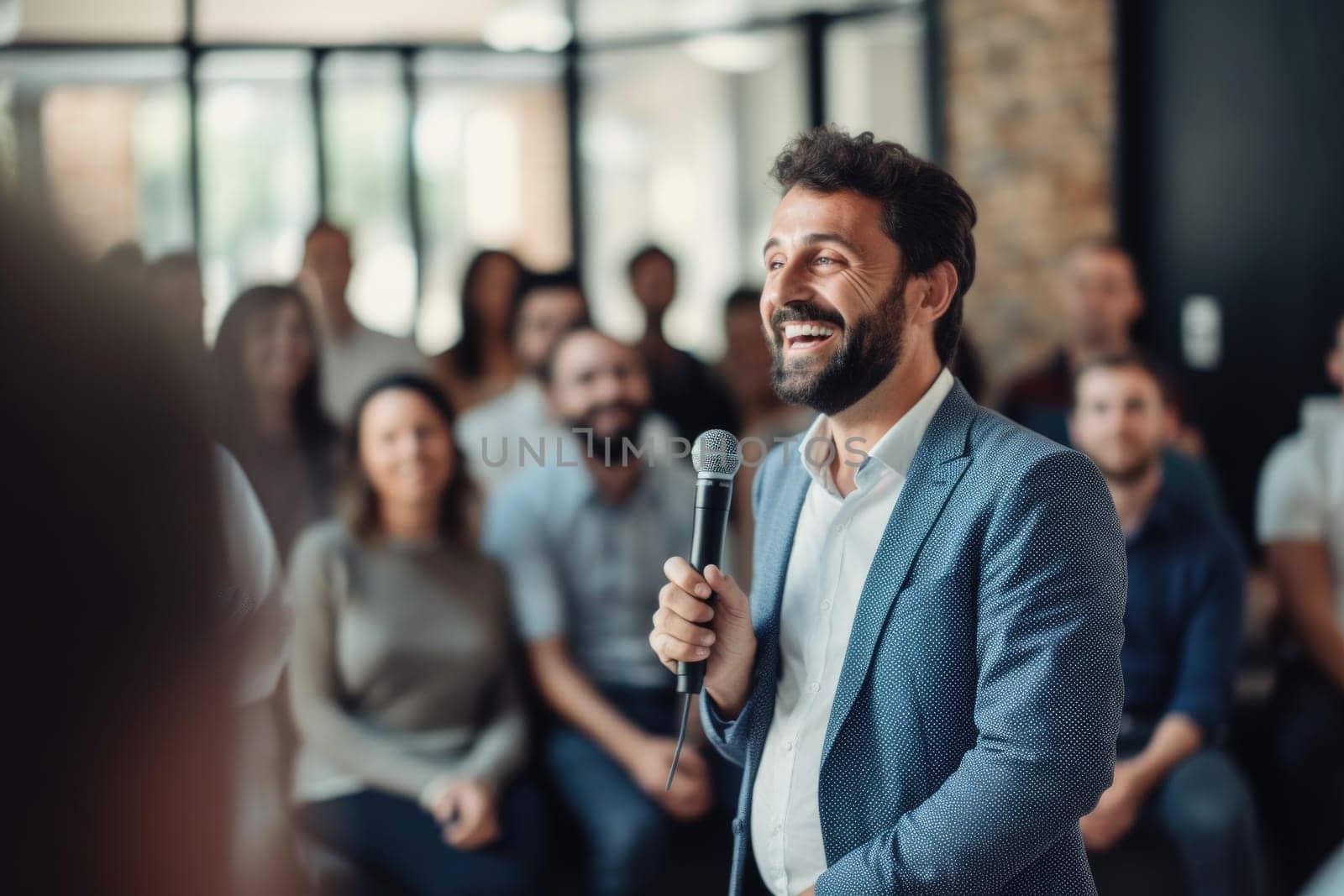 Confident businessman having a talk on corporate business with audience. AI Generated by Desperada