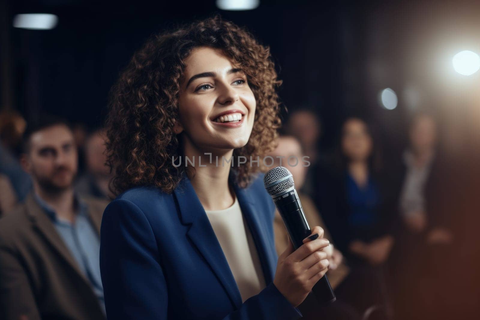 Business woman speaker having meeting and talking using microphone. AI Generated. High quality illustration