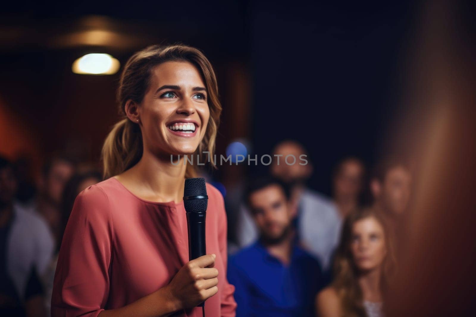 Business woman speaker having meeting and talking using microphone. AI Generated. High quality illustration