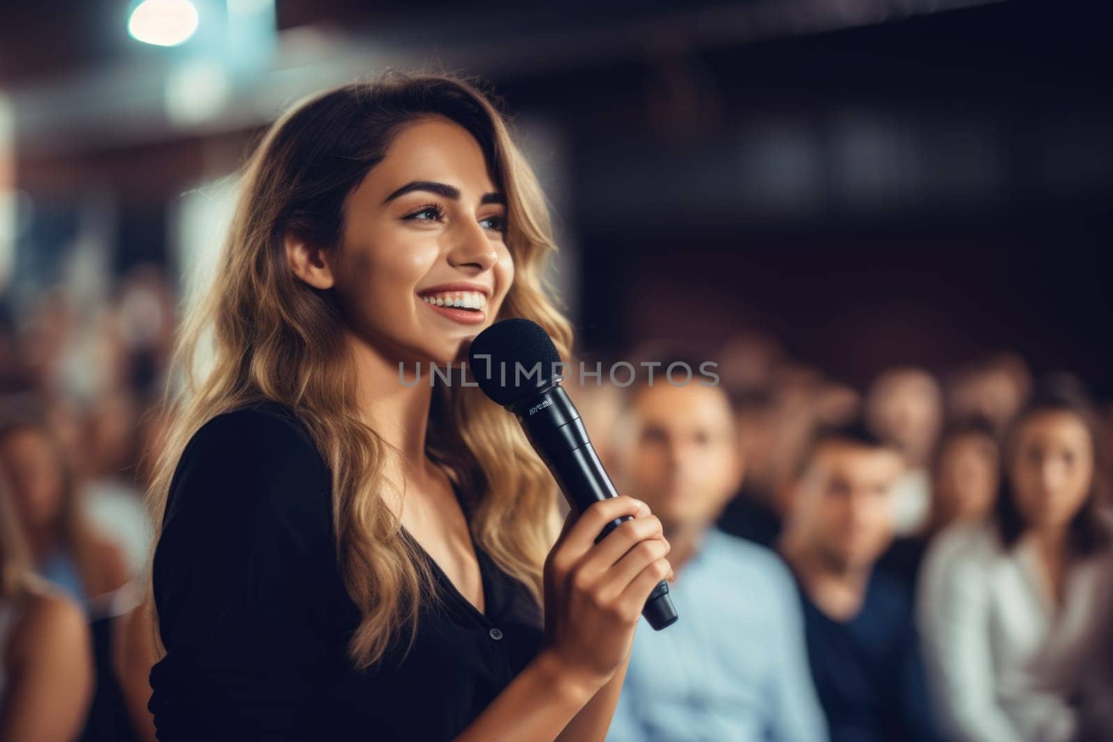 Business woman speaker having meeting and talking using microphone. AI Generated. High quality illustration