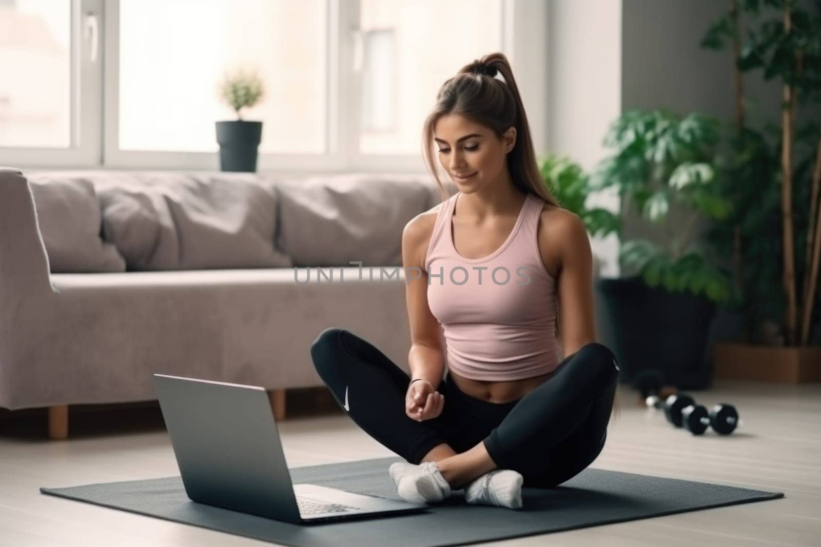 Young woman doing fitness at home using laptop. AI Generated . High quality illustration