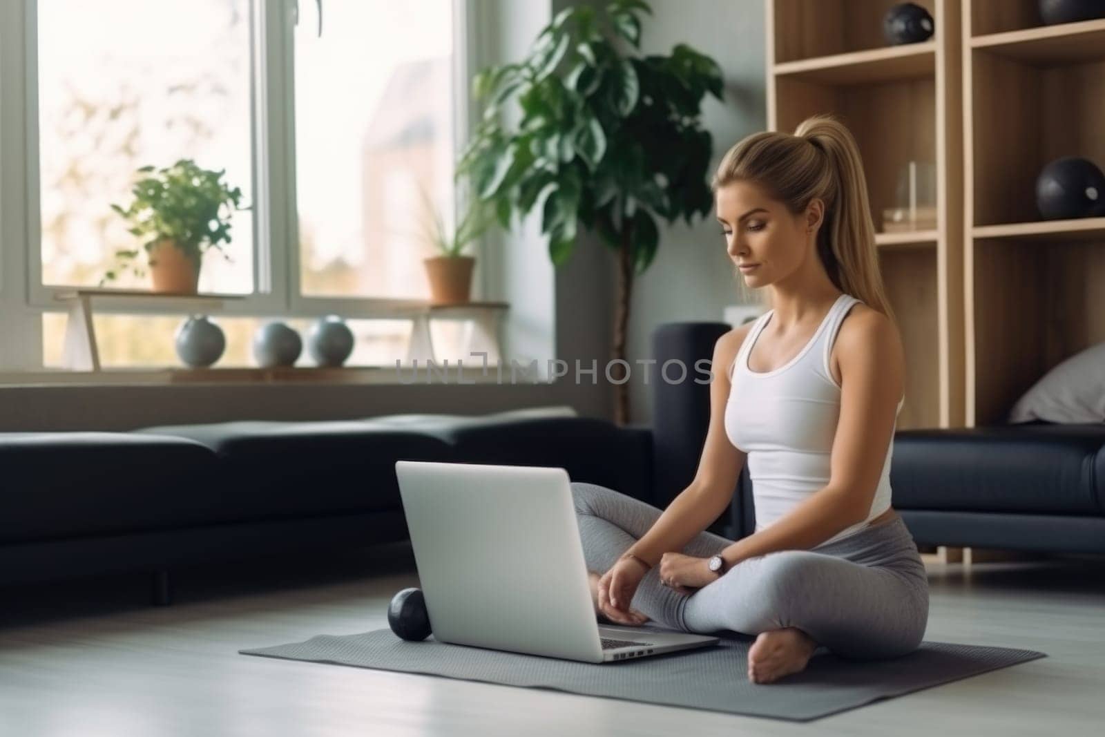 Young woman doing fitness at home using laptop. AI Generated . High quality illustration