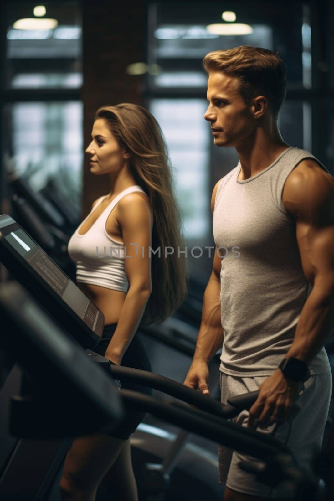 Young fit couple training in gym. AI Generated by Desperada