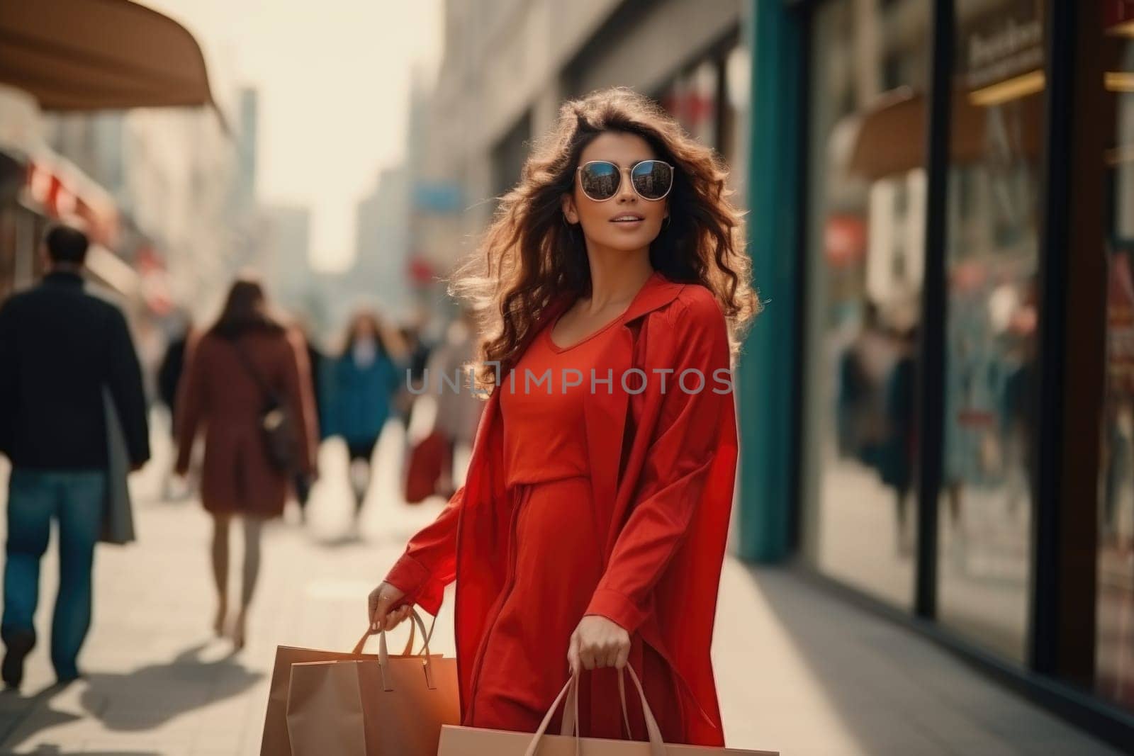 Beautiful fashion woman with shopping bags outdoors. AI Generated . High quality illustration