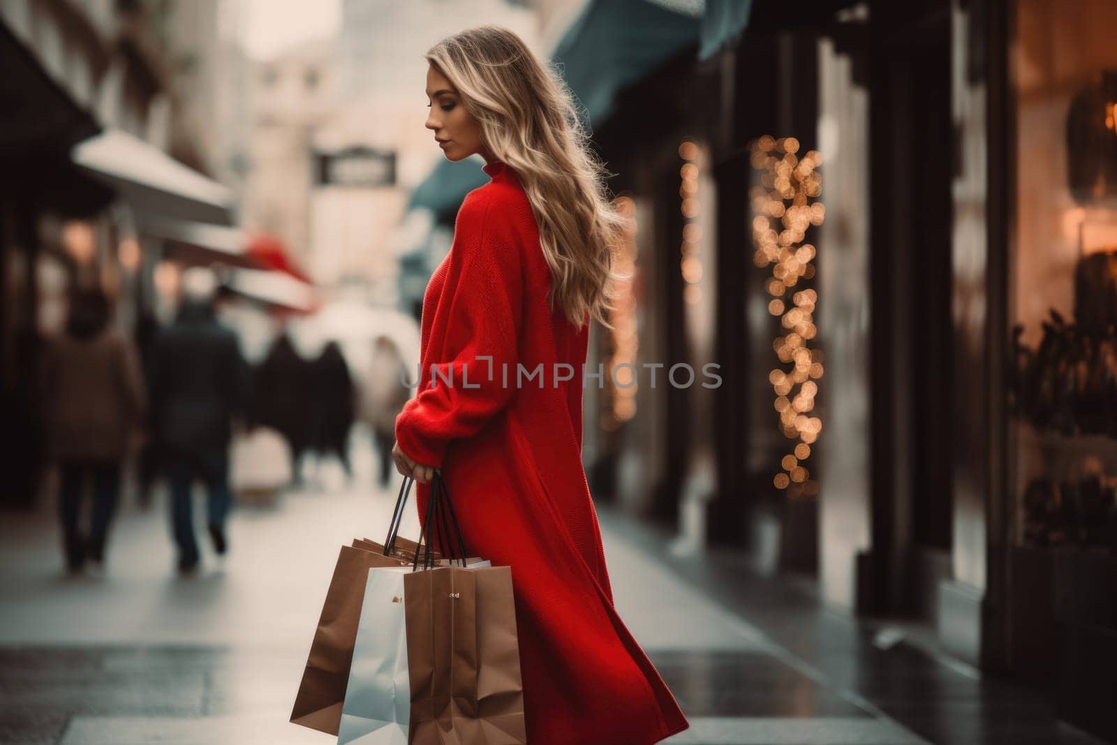 Beautiful fashion woman with shopping bags outdoors. AI Generated . High quality illustration