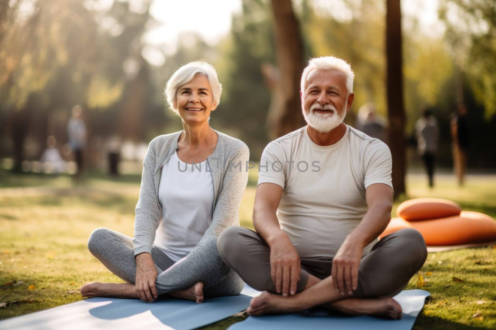 Senior family couple sitting in lotus pose in park. AI Generated