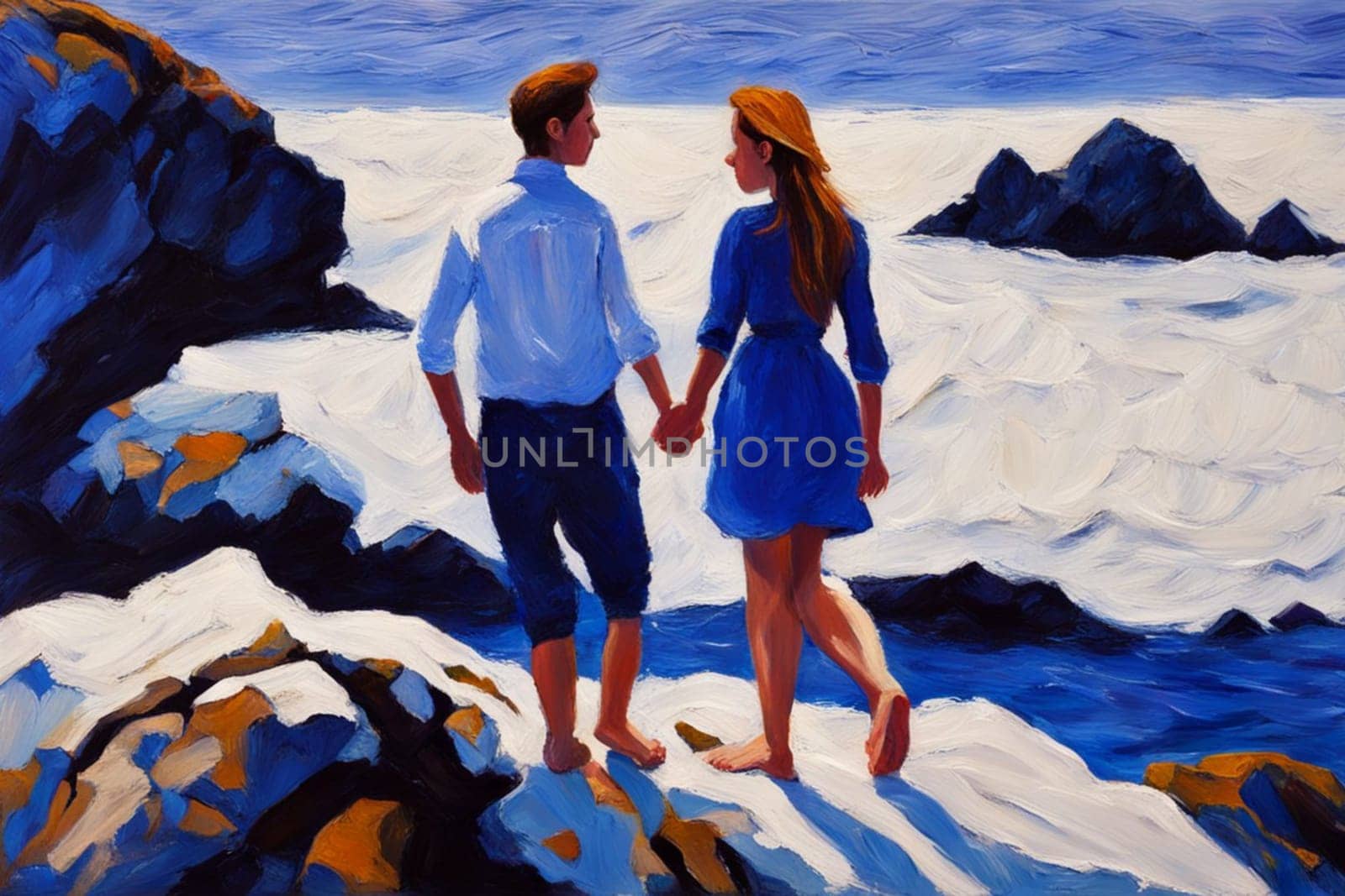 heterosexual couple walking by hand in the beach, romantic valentine painting illustrationgenerative ai art