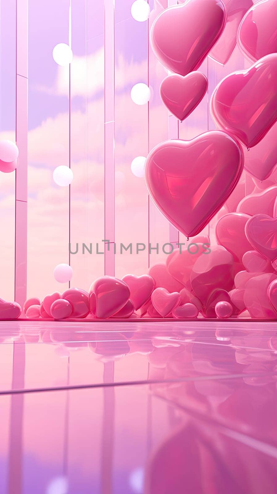 Abstract valentine vertical background illustration with pink hearts hanging indoors with copy space.