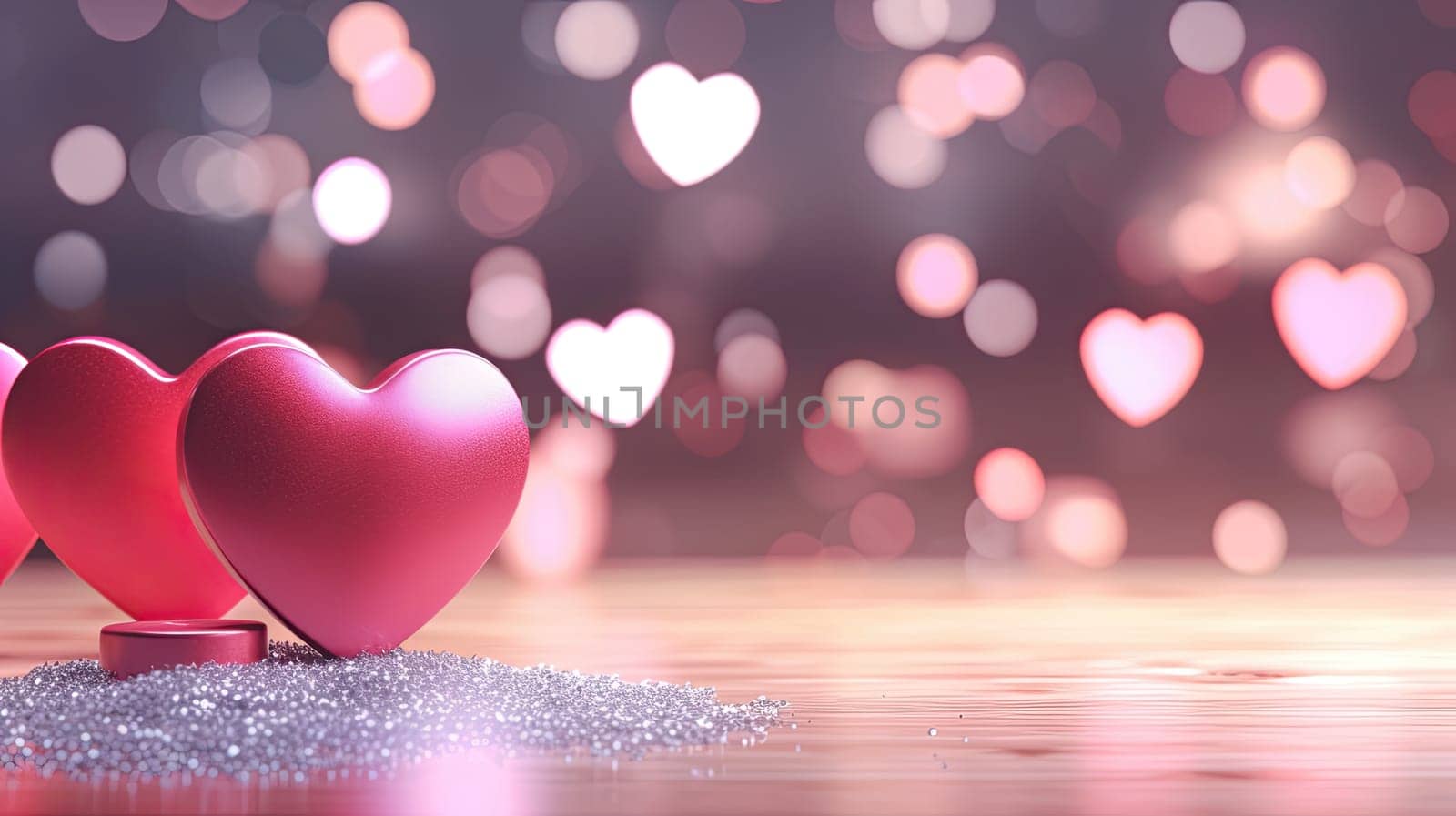 Pink hearts over a wooden table with blurred background and copy space. Love and san valentine background concept by papatonic