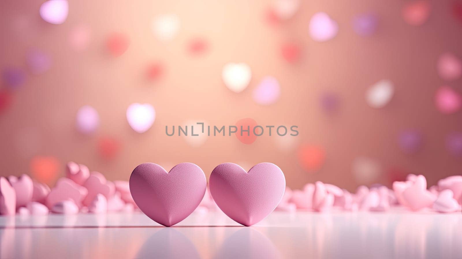 Pink hearts over a white table with blurred background and copy space. Love and san valentine concept.