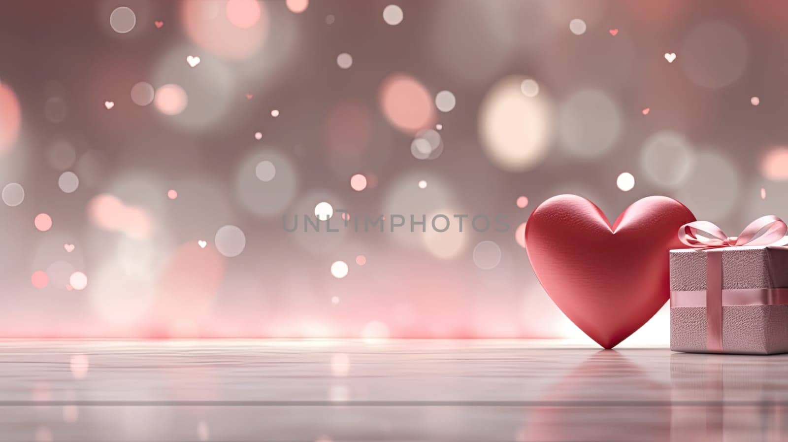 Pink heart and gift box over a wooden table with blurred background and copy space. Love and san valentine concept by papatonic