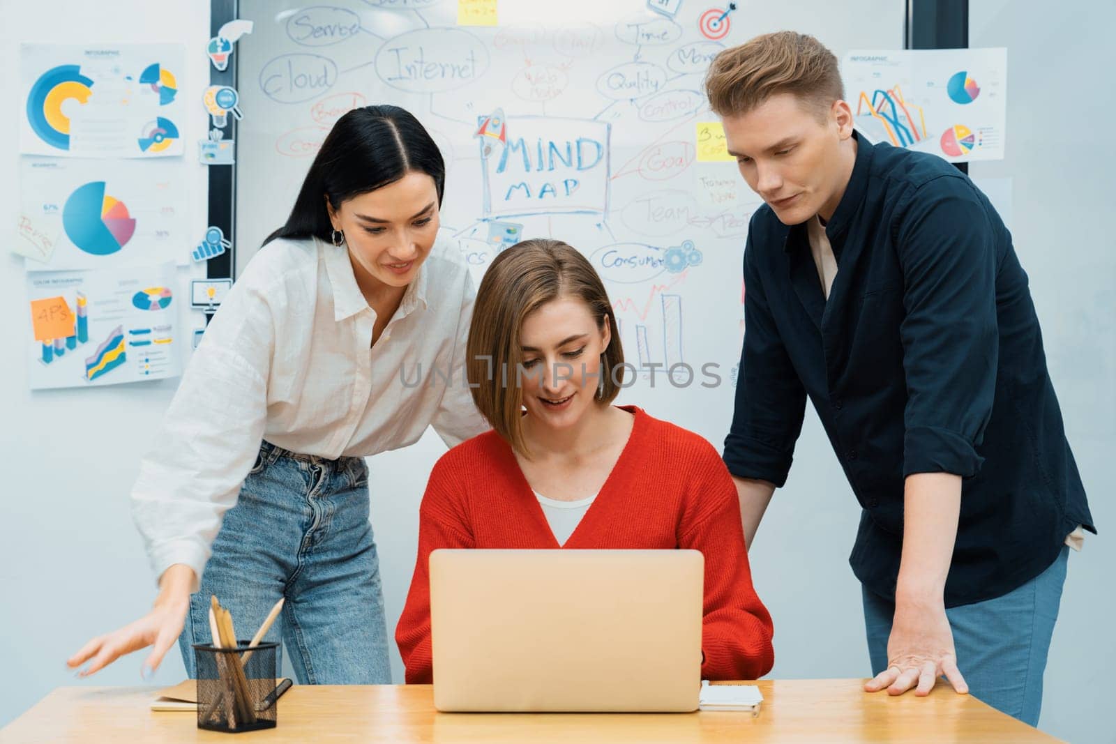 Professional business team working together by using laptop in start up project at meeting in front of glass board with mind map while colleague brainstorm and discuss about strategy. Immaculate.