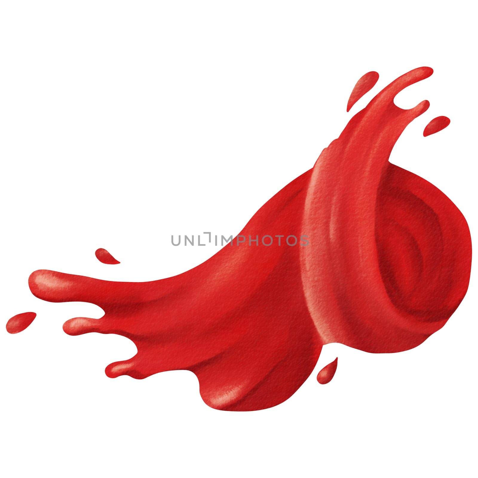 Berry juice splash, swirl of fruit and berry compote splashing. Splash of wine or red juice or blood. liquid of falling clear fruit drink, strawberry, grape or cherry juice. watercolor illustration.