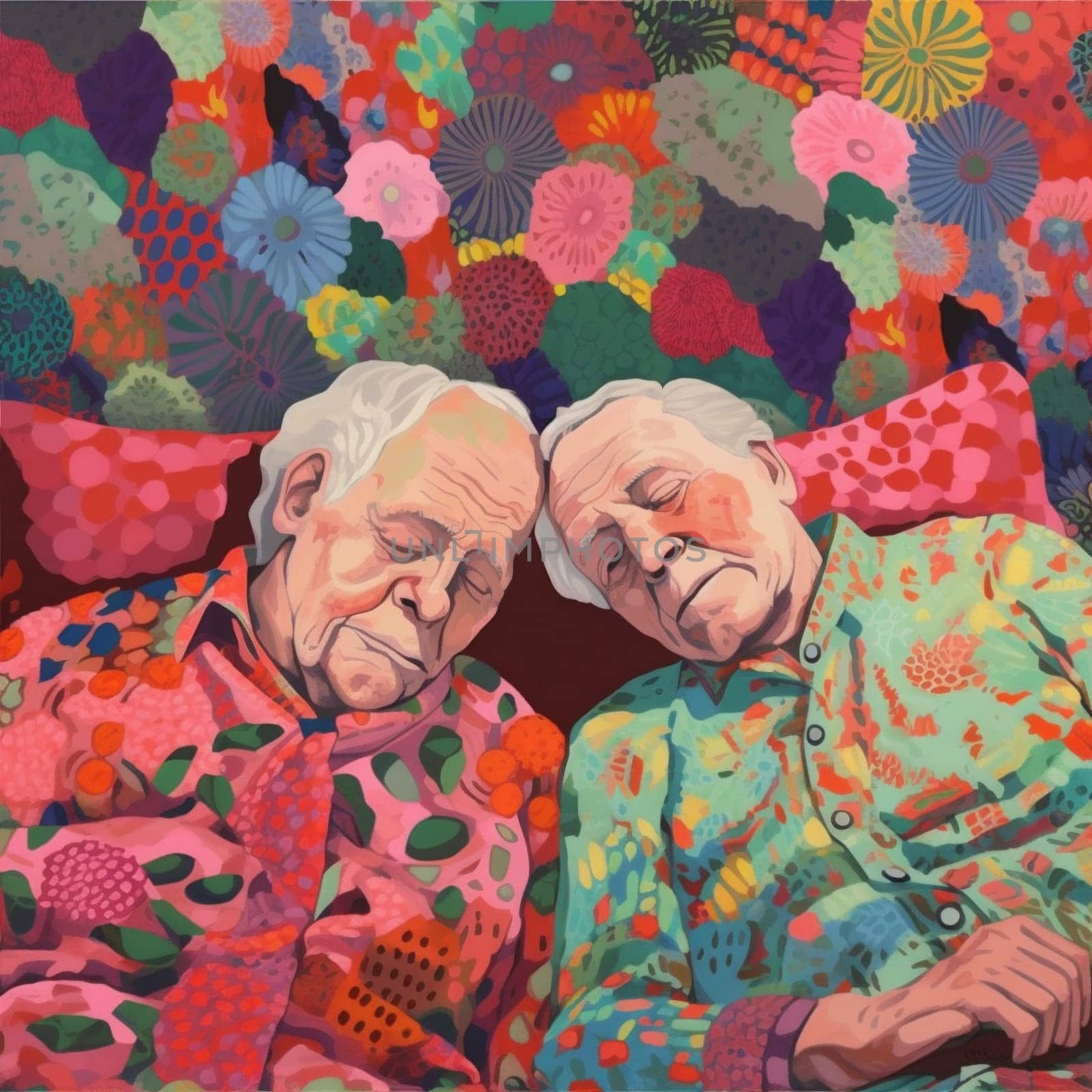 woman retired man asleep happy love couple lifestyle flowers bed old together. Generative AI. by Vichizh