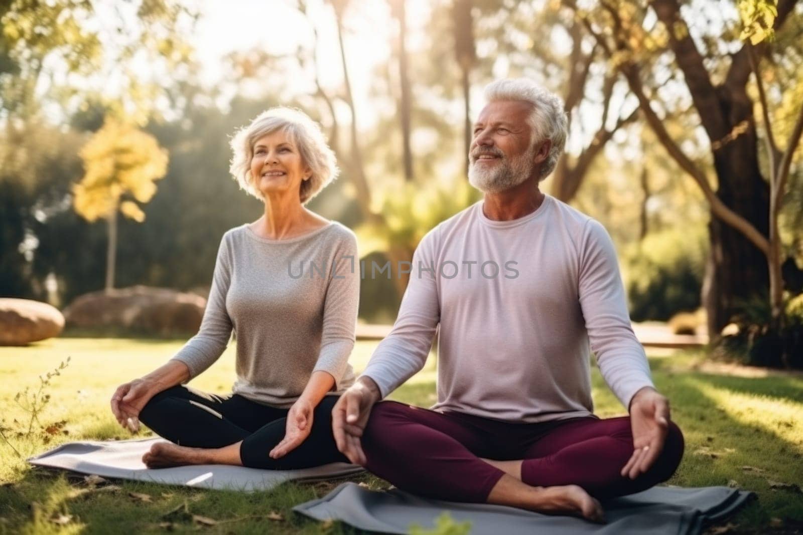 Senior family couple sitting in lotus pose in park. AI Generated