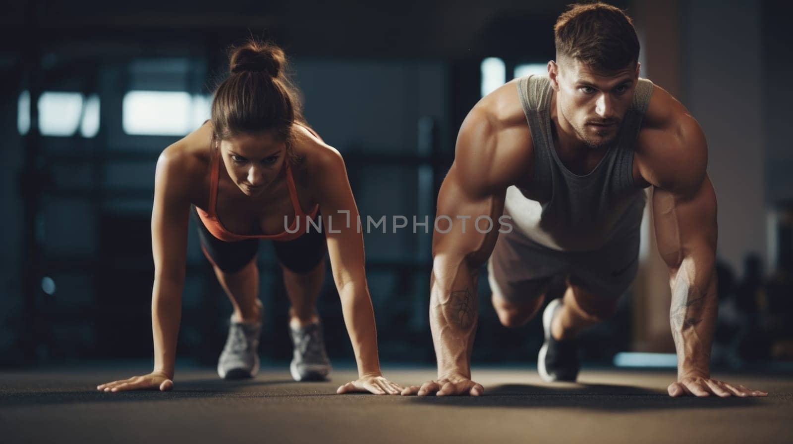 Sportive couple training in gym, standing in plank position. AI Generated . High quality illustration