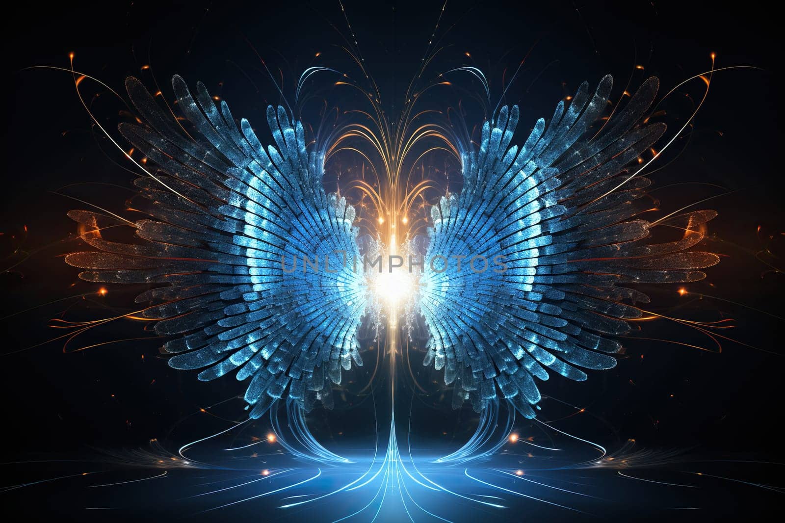 Digital graphic background in the form of wings. Abstract neon background in the form of wings. Generated by artificial intelligence by Vovmar