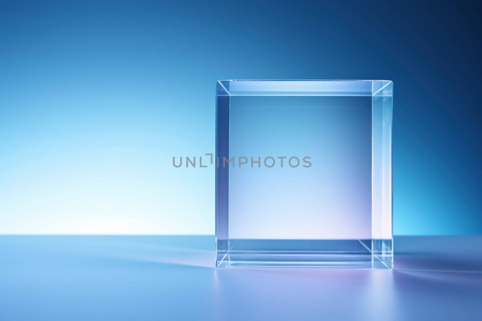 Transparent glass cube on a blue gradient background. Transparent background texture with a dream for text. Generated by artificial intelligence by Vovmar