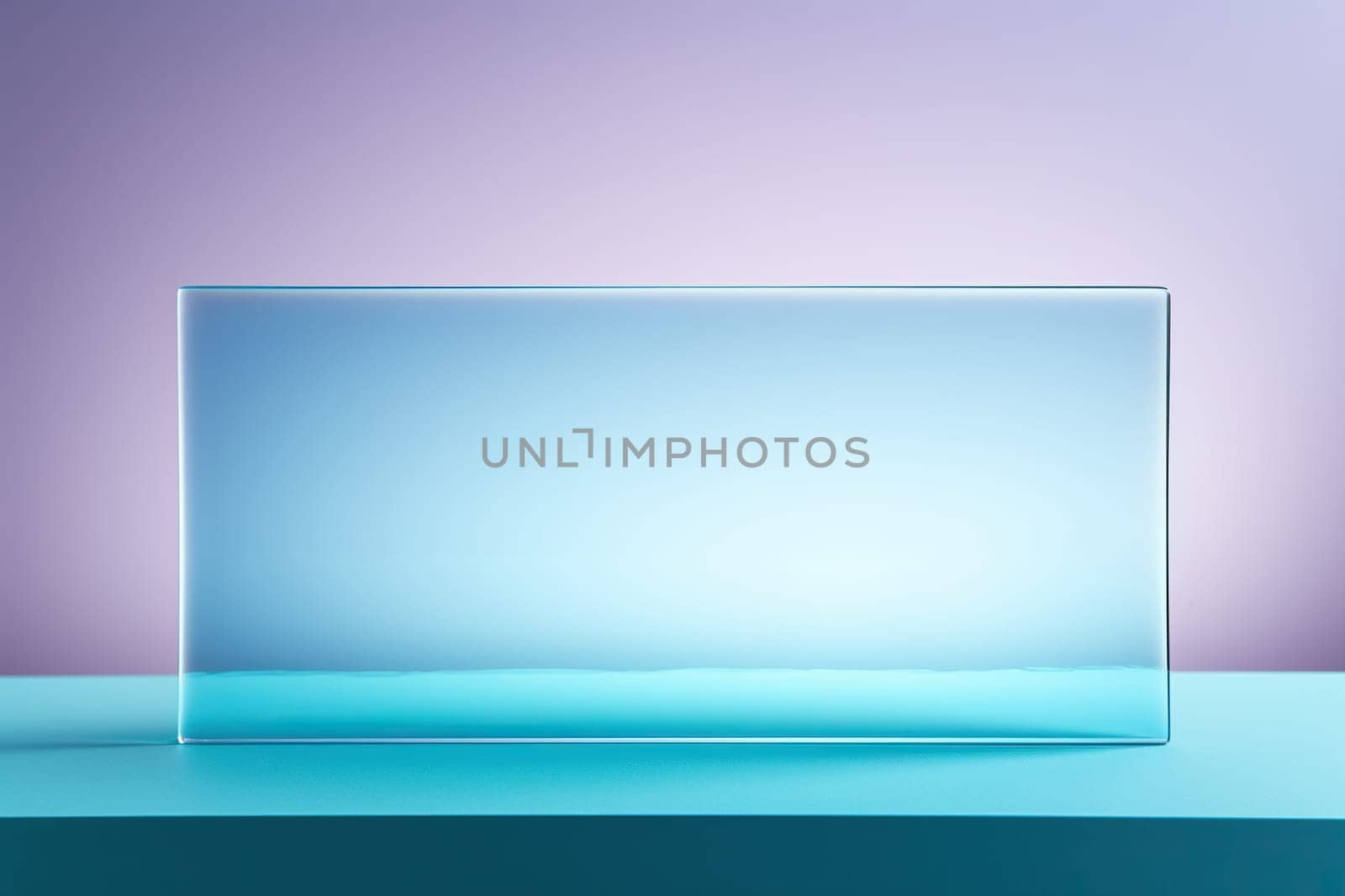 Transparent glass matte rectangle on a turquoise podium. Frosted glass texture.