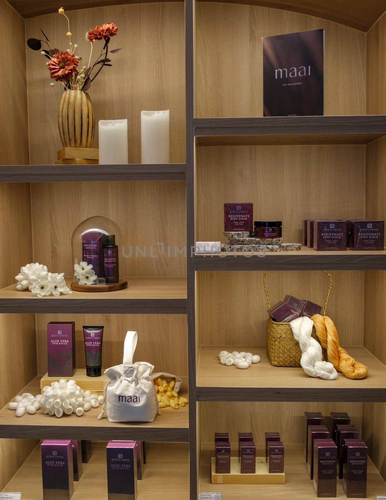 Pattaya Thailand November 10, 2023, Maai brand Massage room in Thailand at a luxury hotel, close up of Maai products in a luxury Spa in Thailand